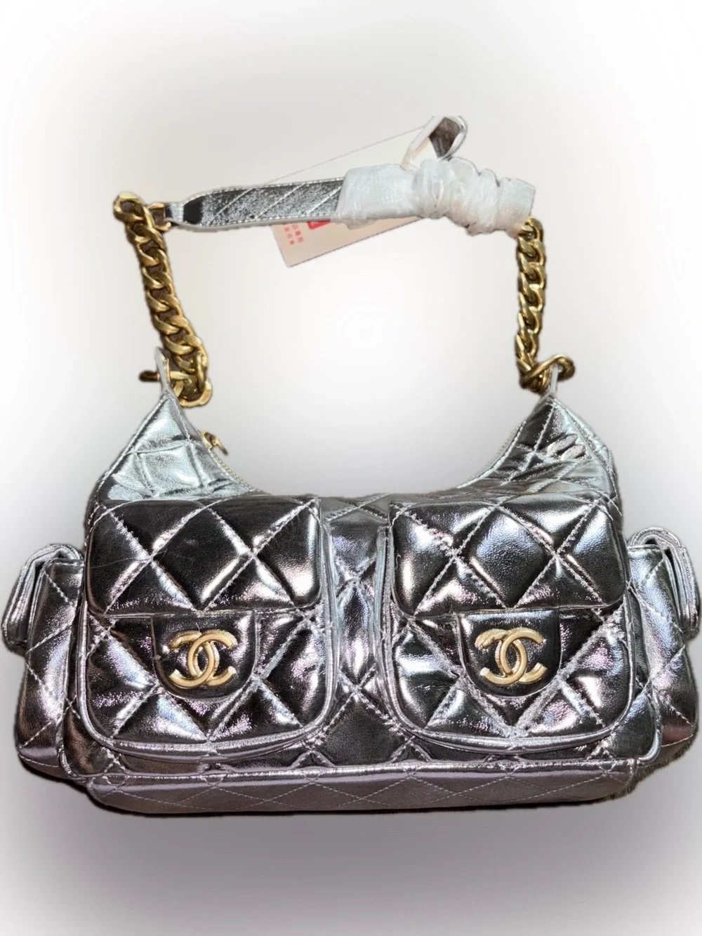 Metallic Silver Quilted Duel Pockets, includes box and dustbag - FREE SHIP!